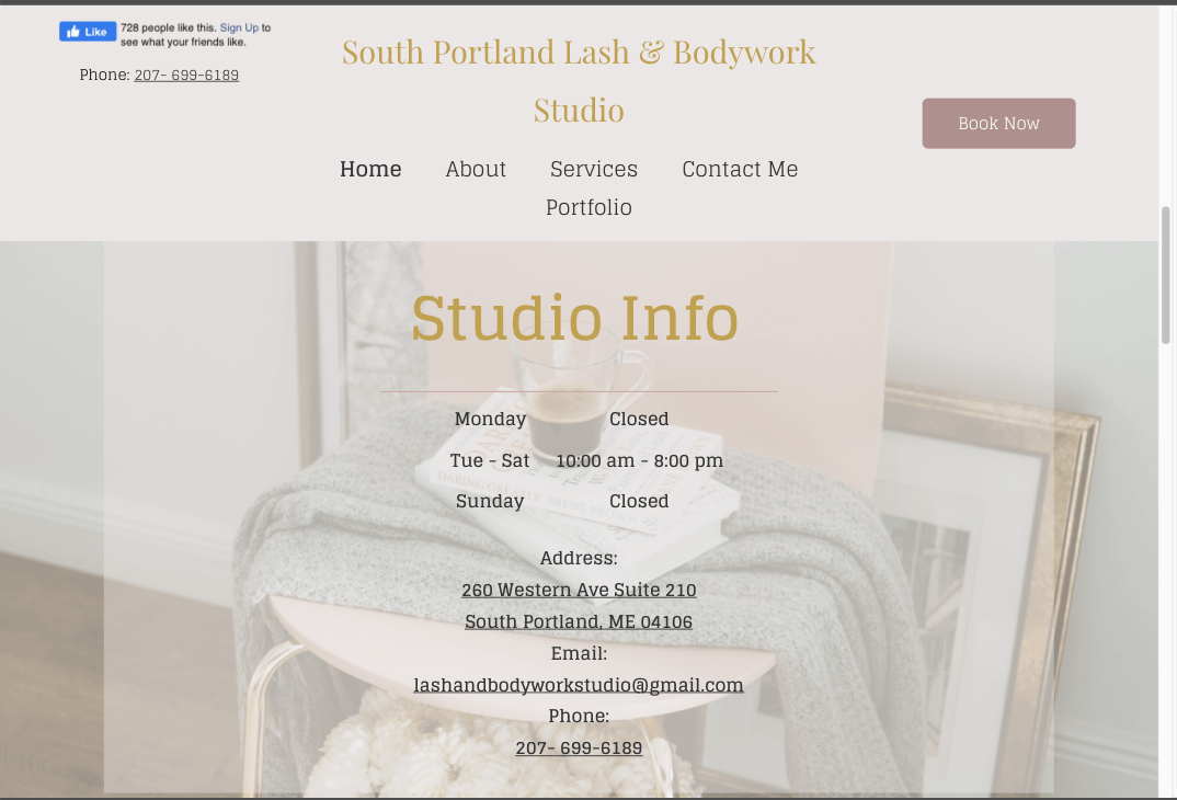 Website homepage for a Portland studio, with beige background, navigation menu, and studio information overlay.