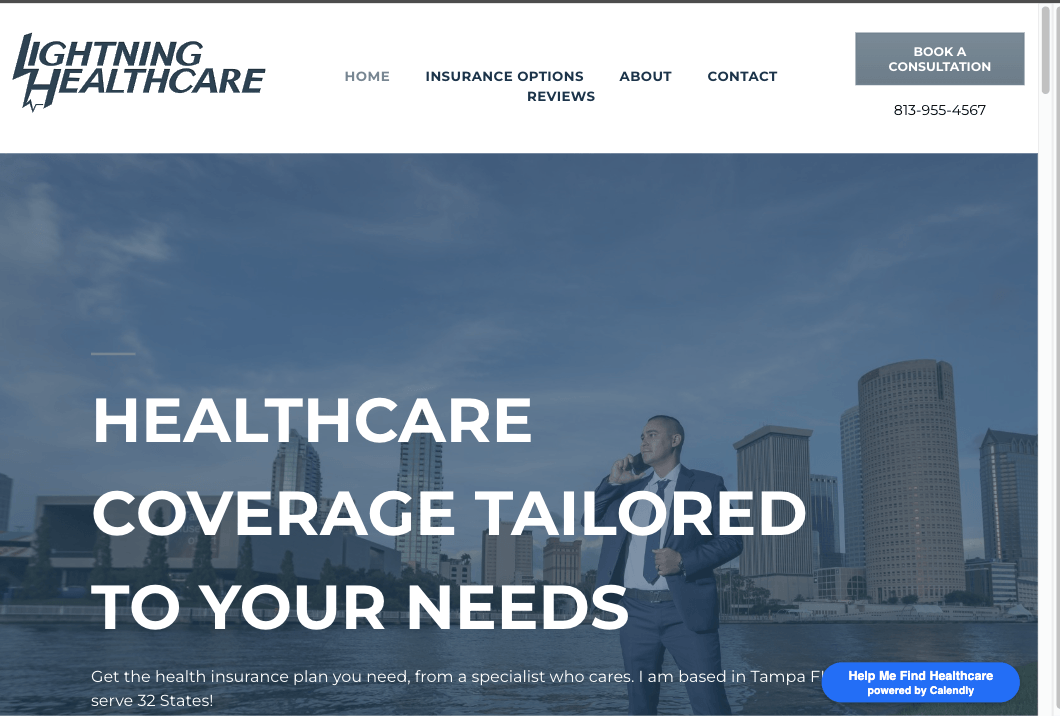 Lightning Healthcare website homepage: Man in suit talks on phone against city skyline; healthcare coverage text.