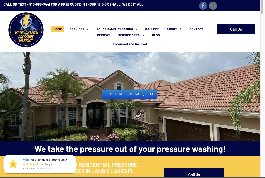 Website header with logo; house exterior; pressure washing services.