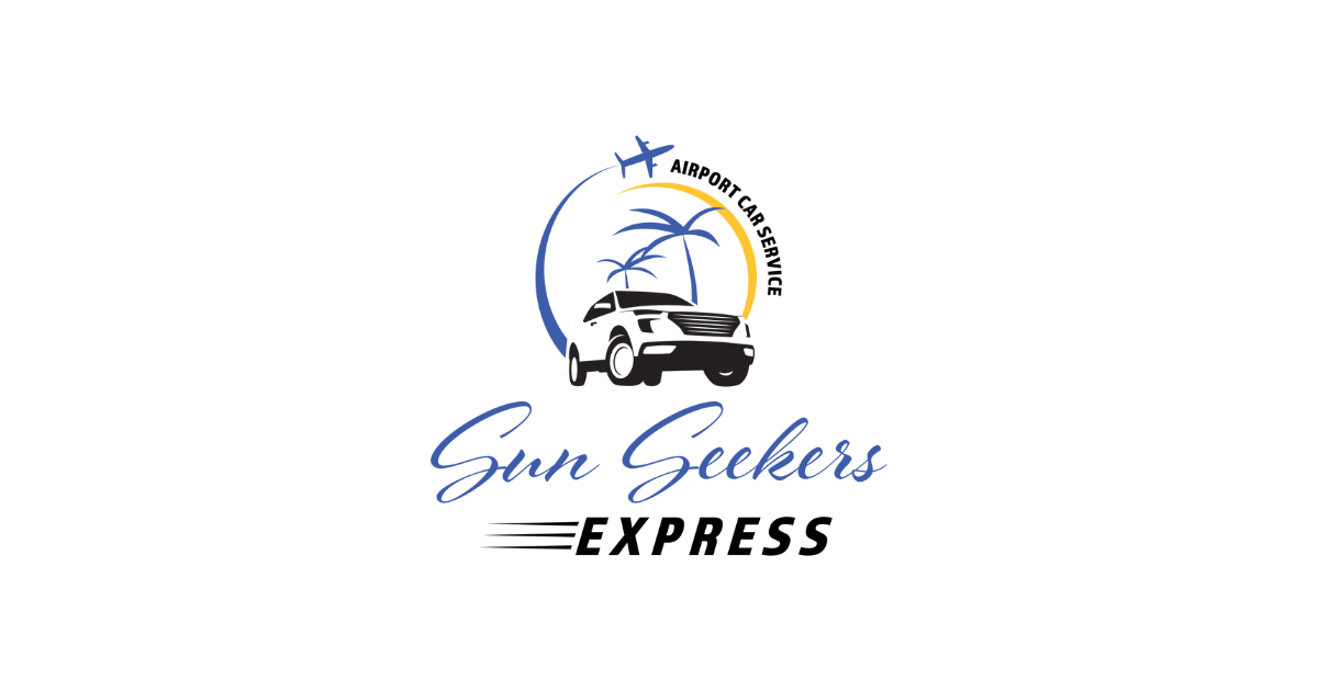 Logo: Sun Geeks Express, car, palm trees, airplane icon, blue and white.