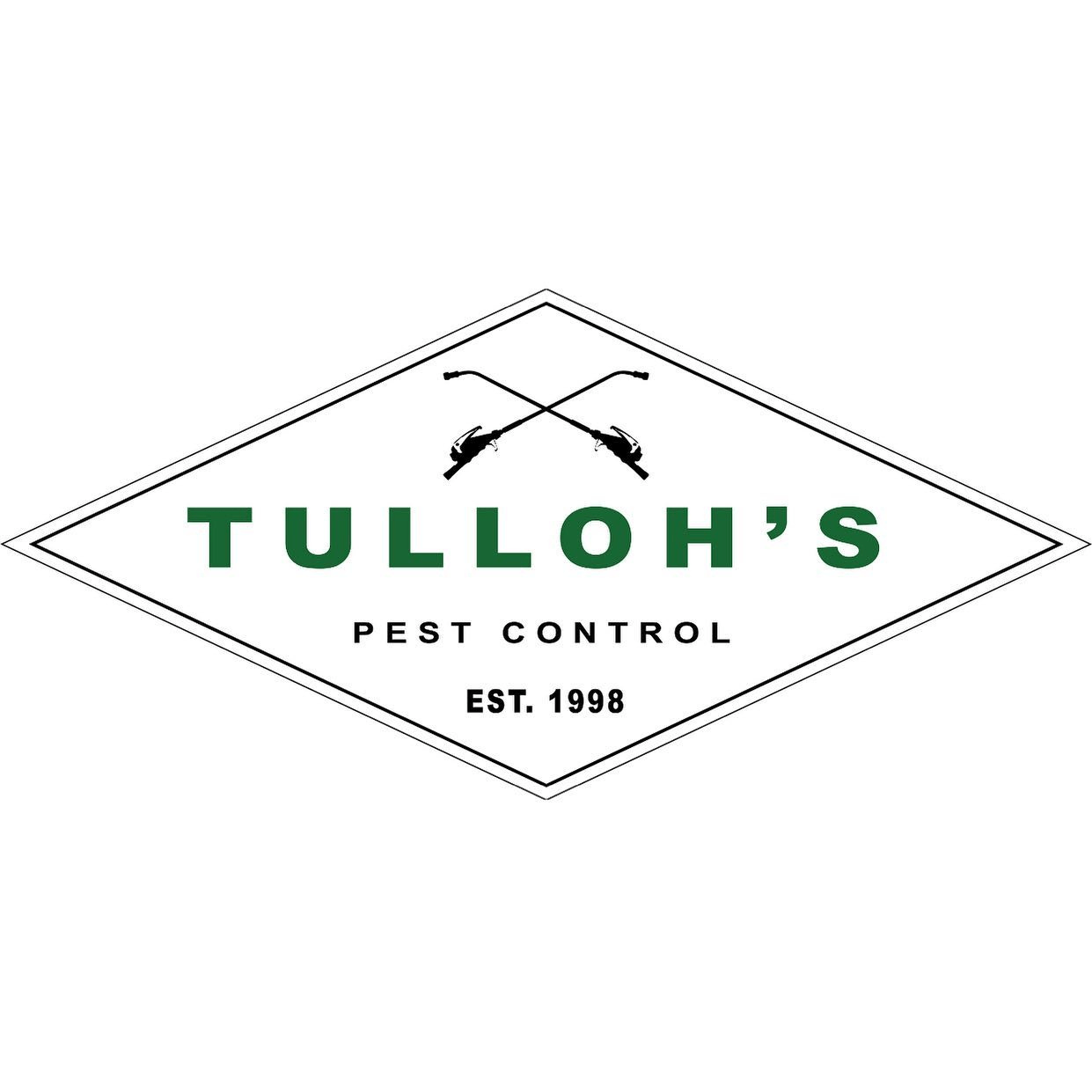 Logo for Tulloh's Pest Control: green text in a diamond shape with crossed sprayers; says 