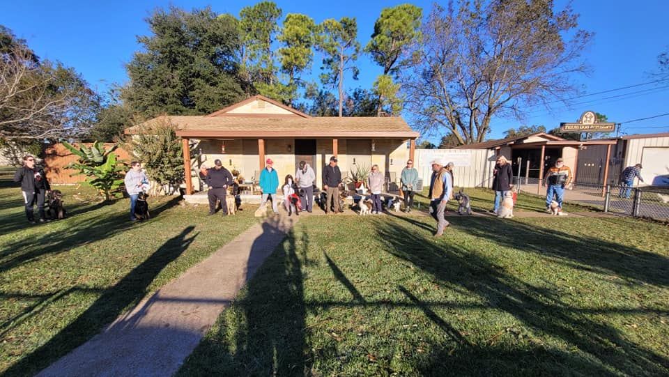 A group of people are standing in front of a house.