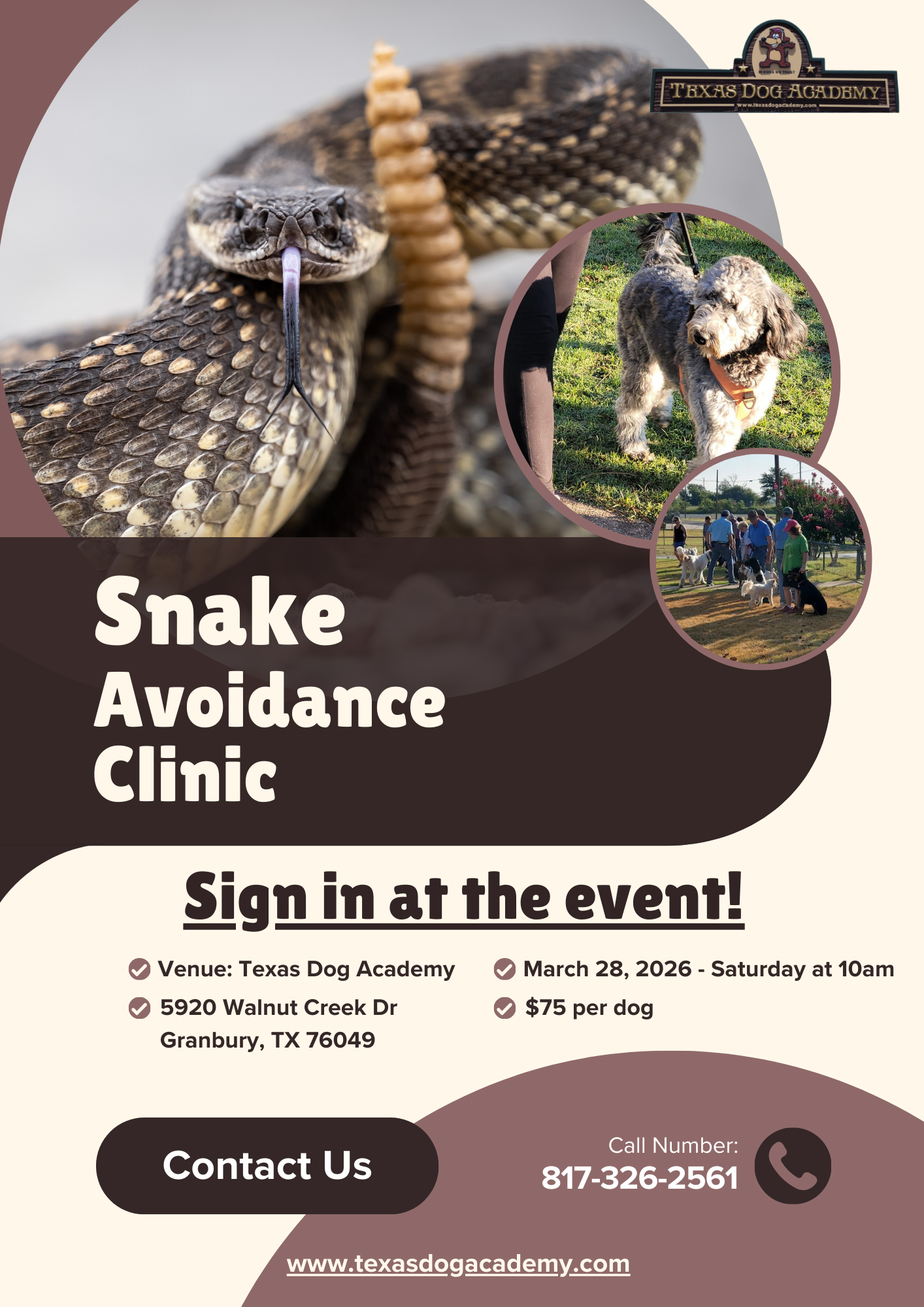 Flyer for a Snake Avoidance Clinic on March 28, 2026, at Texas Dog Academy in Granbury, TX. Includes contact info.
