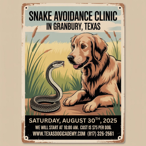A poster for a snake avoidance clinic in granbury texas