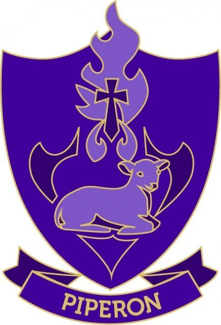 A purple shield with a lamb and a cross on it