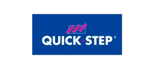 Logo for Quick-Step, featuring white text on a blue rectangular background with three slanted pink bars above.