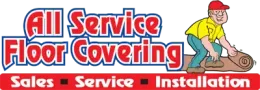 Logo for All Service Floor Covering featuring a worker rolling out carpet above the text "Sales - Service - Installation".