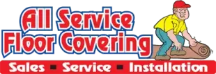 Logo for All Service Floor Covering featuring a worker rolling out carpet above the text "Sales - Service - Installation".