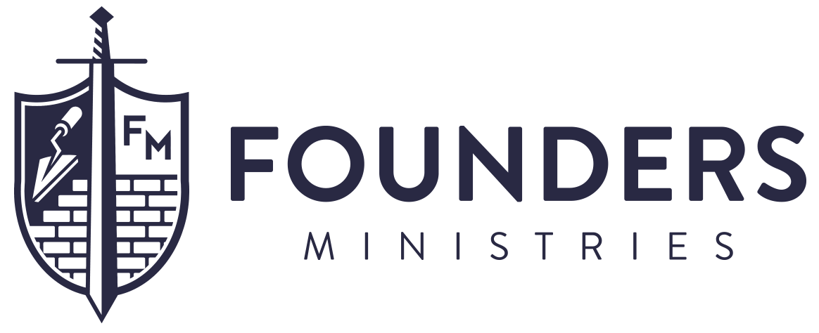 Logo for Founders Ministries featuring a shield with a sword, a trowel, a brick wall, and the text 