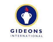 The Gideons International logo features a white pitcher with a red flame inside a blue circle with a gold border.
