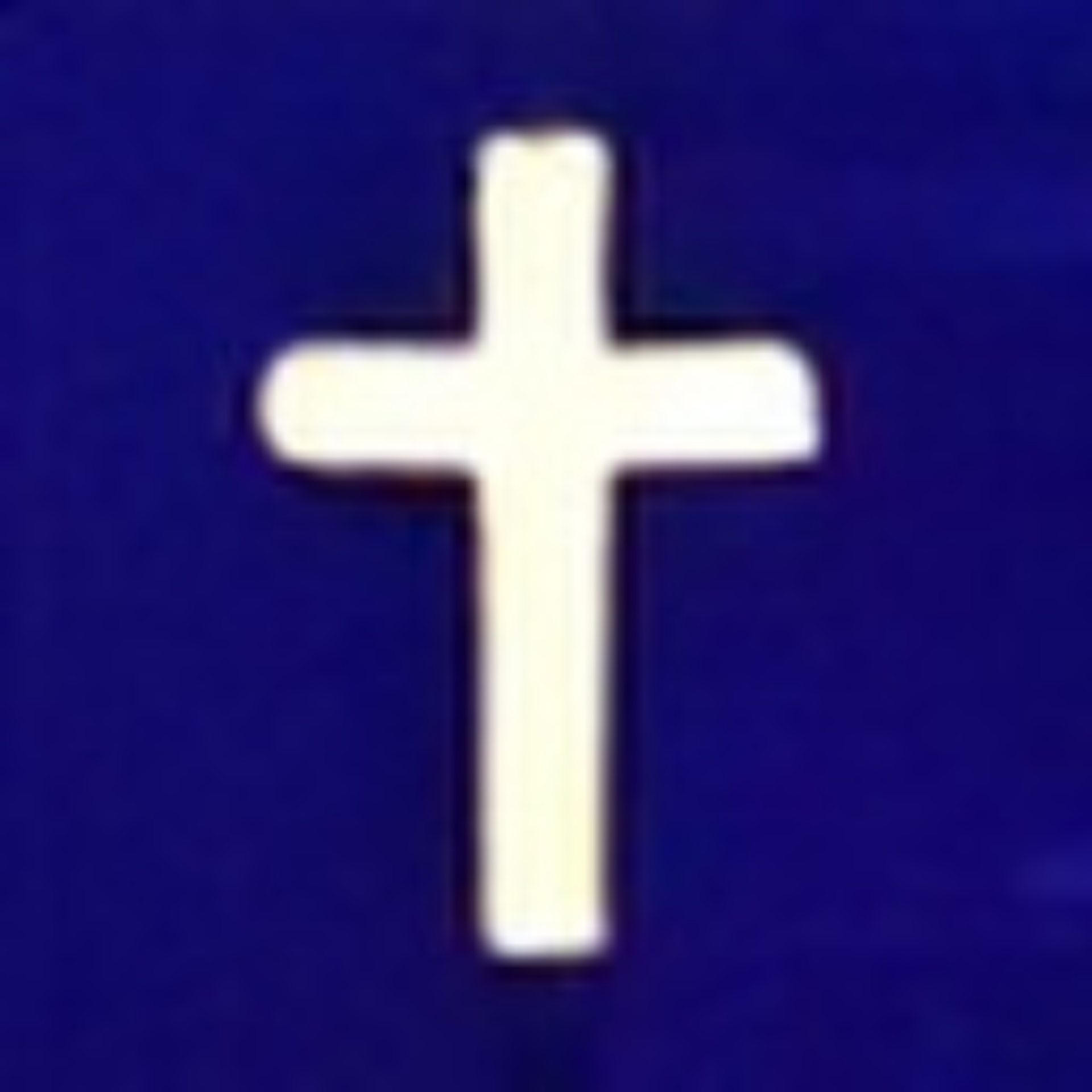 A white Christian cross centered against a solid, dark blue background.