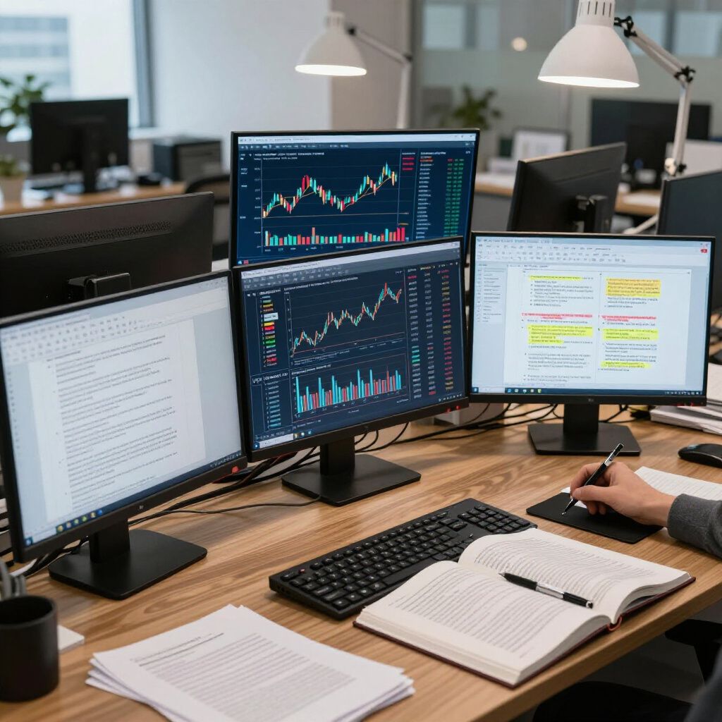 Uma pessoa trabalhando em uma mesa com várias telas de computador exibindo gráficos e texto, e um livro.