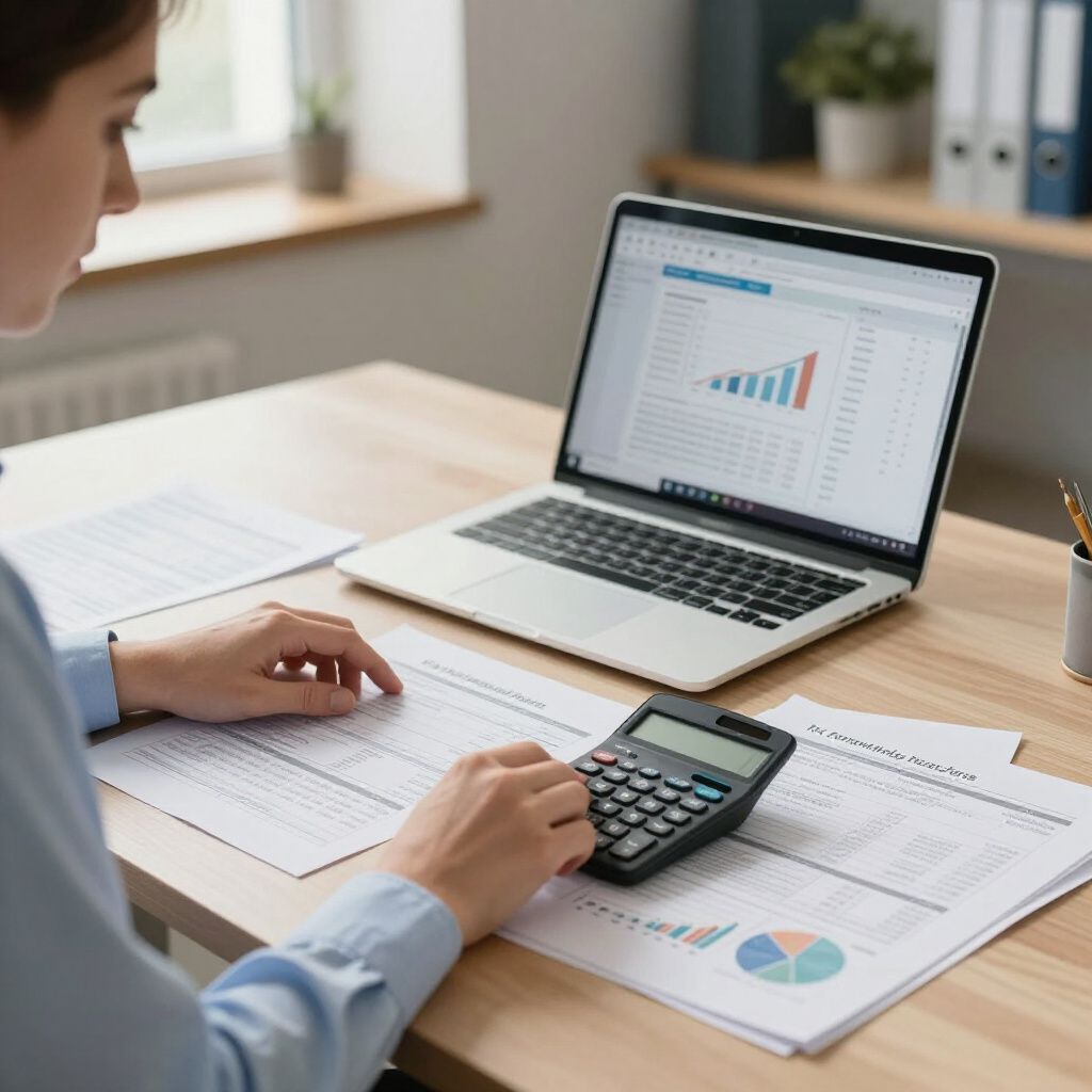 Pessoa fazendo cálculos financeiros em um laptop com calculadora e documentos sobre a mesa.