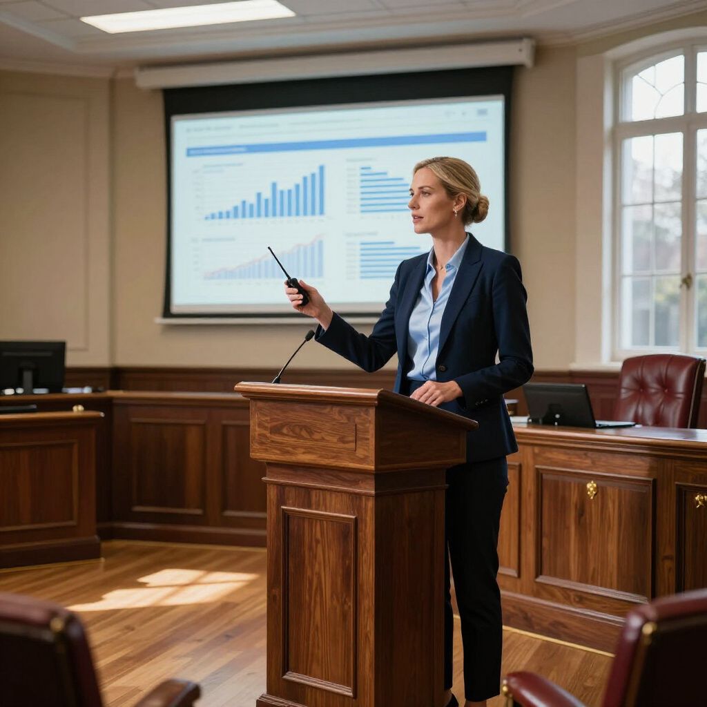 Uma mulher de terno apresenta dados em uma tela em um tribunal, apontando com uma caneta.