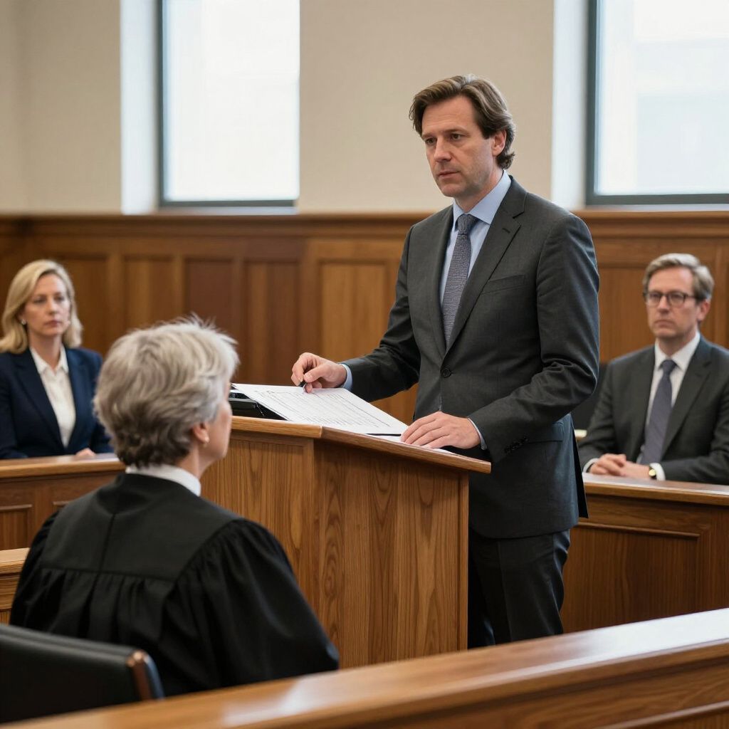 Homem de terno discursa em um púlpito no tribunal; juiz e advogados estão sentados.