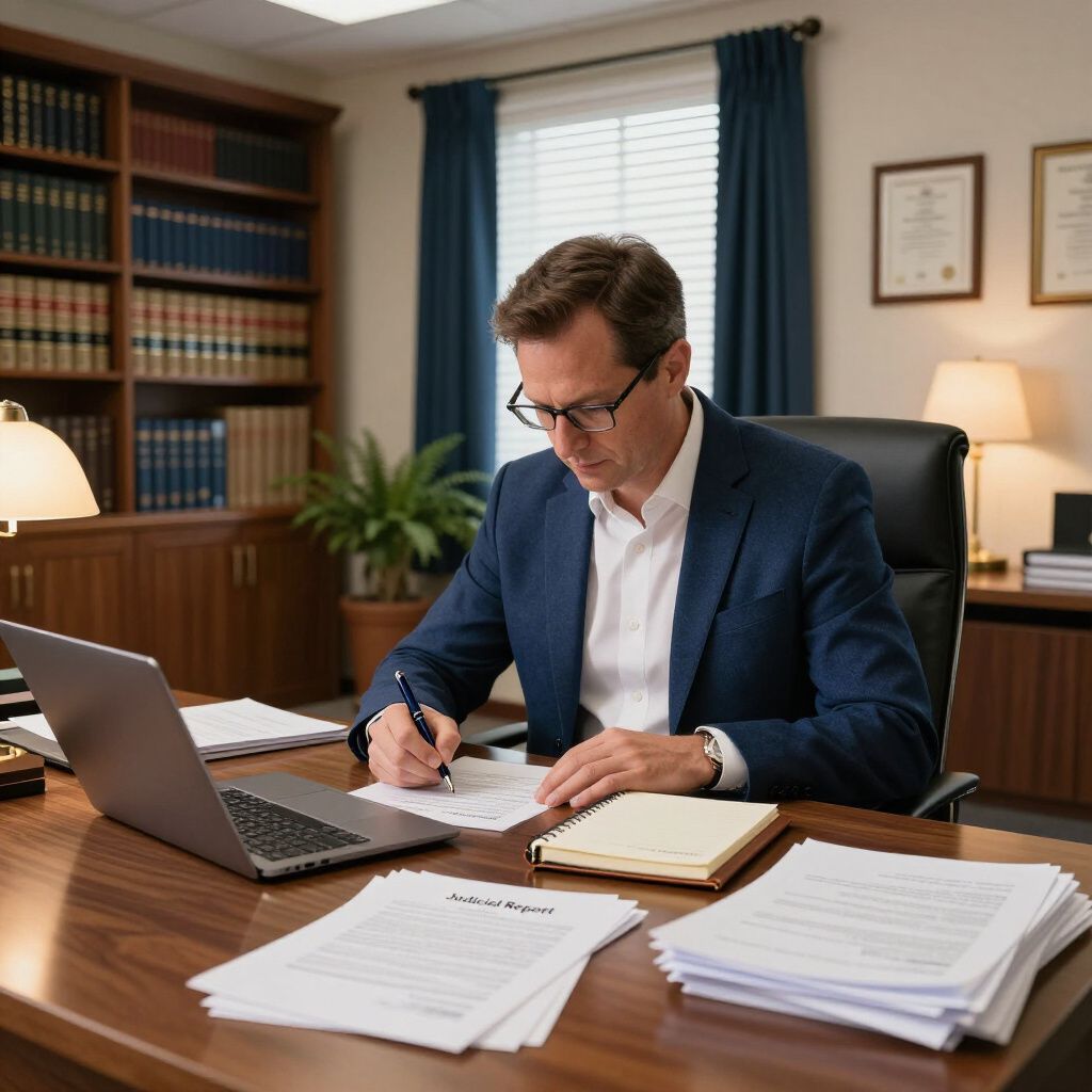 Homem de terno escrevendo em uma mesa, com papéis e laptop à disposição em um escritório com painéis de madeira.