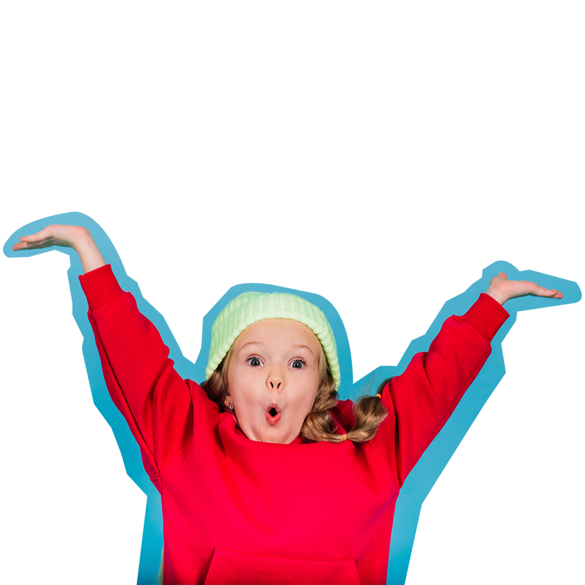 A little girl wearing a red sweater and a green hat with her arms in the air