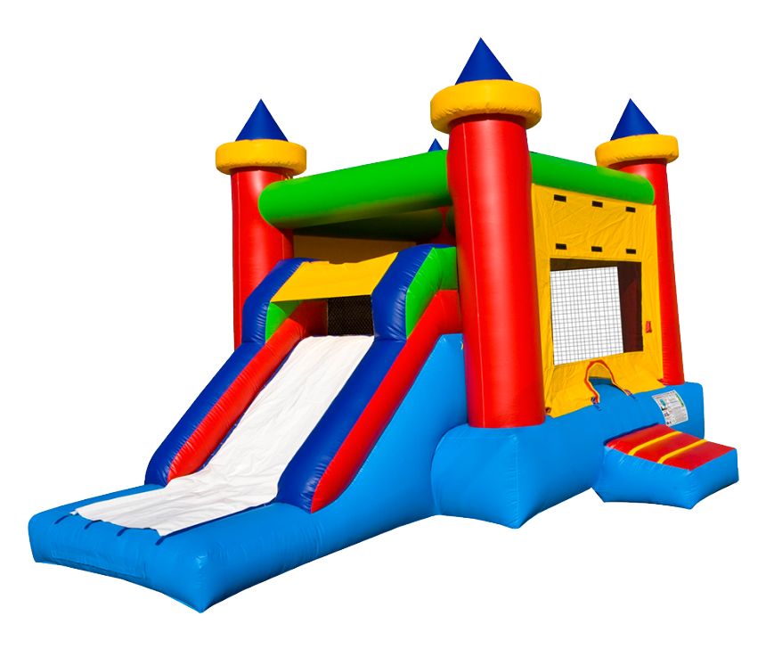 A colorful bouncy house with a slide and stairs