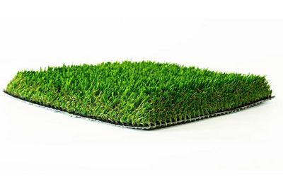 Square swatch of artificial green turf with a black backing.