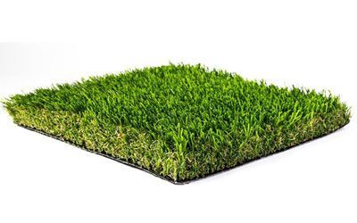 Square sample of artificial turf, bright green blades, black backing, white background.