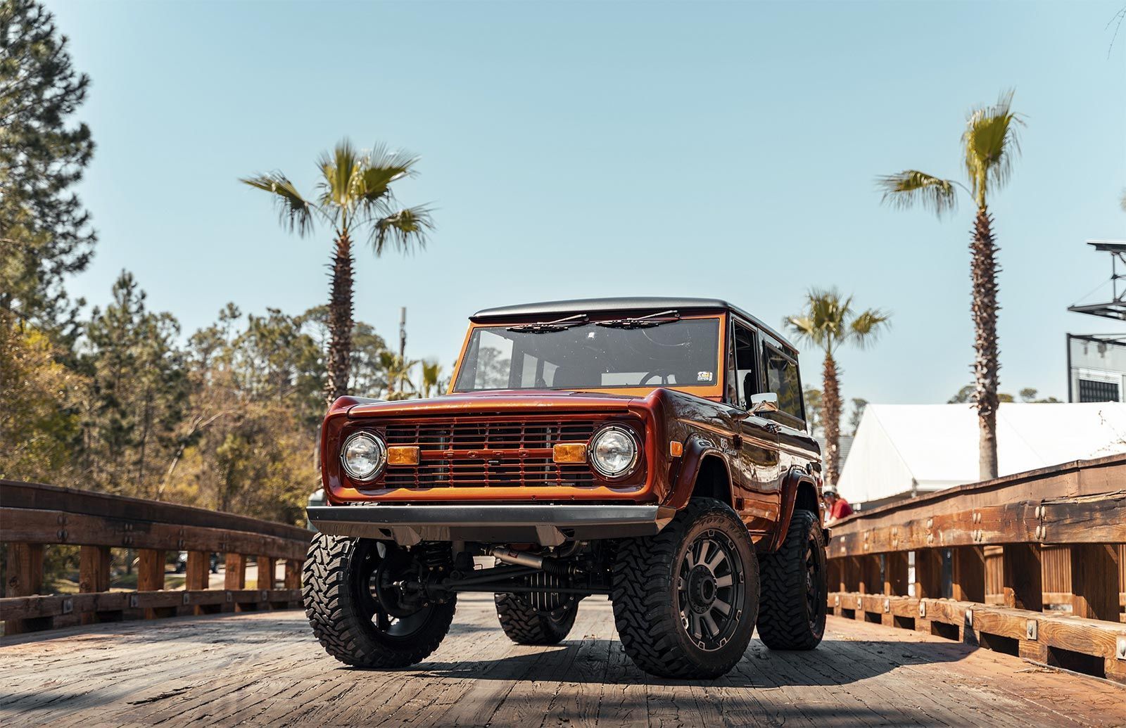 A ford bronco is parked on a dirt road next to palm trees