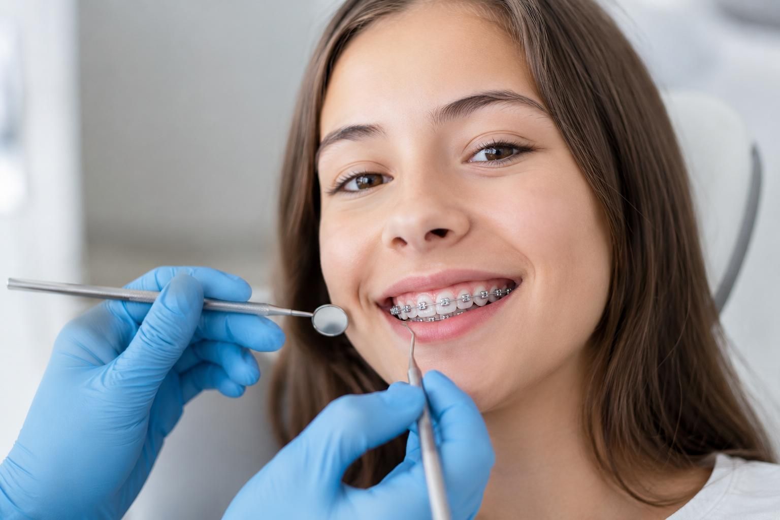 Un apparecchio trasparente e uno spazzolino da denti su un tavolo in uno studio dentistico, con un paziente sorridente sullo sfondo.