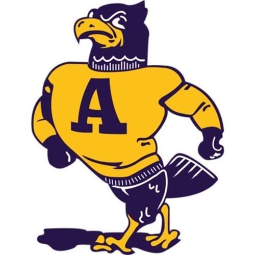 Cartoon gold and purple eagle mascot in a football jersey with an “A” on the chest