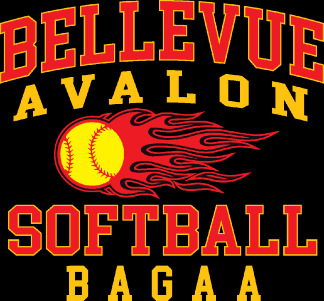 Bellevue Avalon Softball Bagaa logo with flaming yellow softball on black background