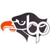 Stylized black and white bird head logo with an orange beak and circular glasses-like design