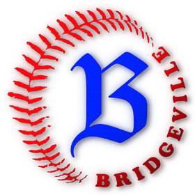 Bridgerville baseball logo with red baseball seam circle and blue Gothic B on white background
