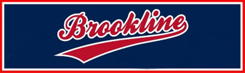 Brookline logo in white script on a navy blue background with a red border