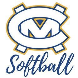 Blue and gold CM logo with the word “Softball” in script beneath it