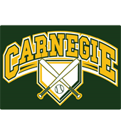Carnegie yellow logo over crossed lacrosse sticks and a shield on a dark green background