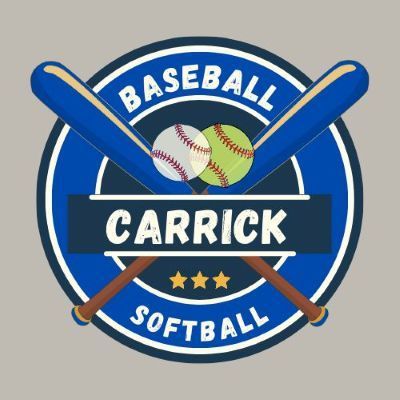 Carrick baseball and softball logo with crossed bats, balls, and blue circular emblem