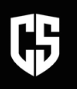 White stylized “CS” shield logo on a black background