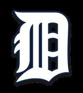 White Old English-style letter D logo with dark blue outline on a black background