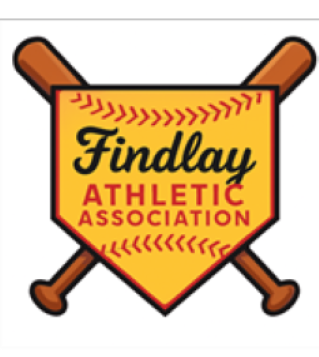 Findlay Athletic Association logo with crossed brown baseball bats on a yellow shield