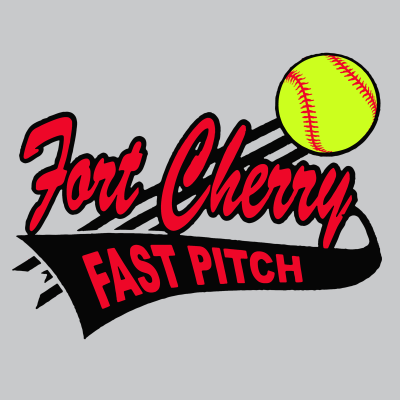 Fort Cherry Fast Pitch logo with red script, black banner, and yellow softball