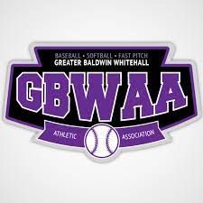 Greater Baldwin Whitehall Athletic Association logo in purple and white with a baseball icon