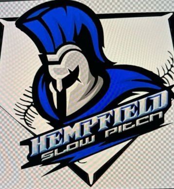 Hempfield Slow Pitch softball logo with blue Spartan helmet and bold text on a white shield background