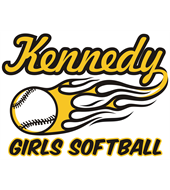 Kennedy Girls Softball logo with script text, softball, and white flames on a black and gold design