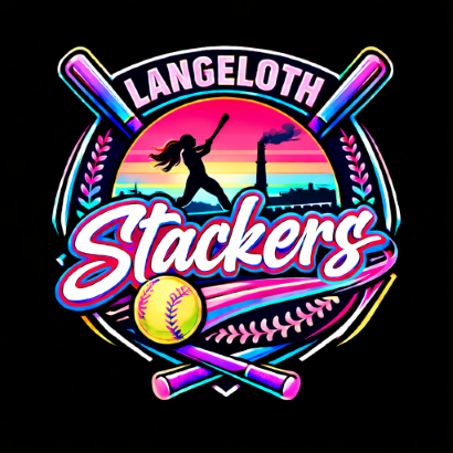 Langeloth Stackers baseball logo with neon sunset, batter silhouette, bats, and softball/bat graphics