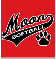 Moon Softball logo on red background with black-and-white script and paw print