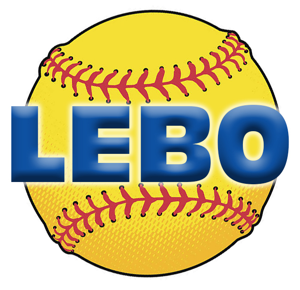LEBO logo over a yellow softball with red stitching