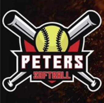 PETERS Softball logo with crossed bats and yellow softball on a black background