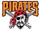Pirates team logo with crossed swords and a skull in a red bandana