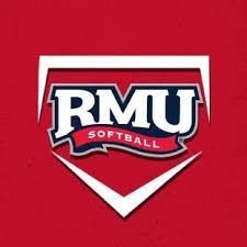 RMU Softball logo in white and red on a red background