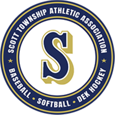 Scott Township Athletic Association logo with gold and blue “S” and baseball, softball, dek hockey text