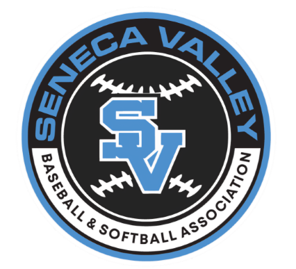 Seneeca Valley Baseball & Softball Association logo with blue SV and baseball seams on black and white circle