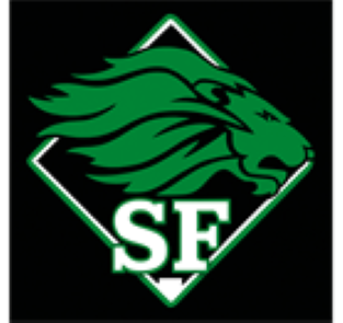 Green lion head logo with white “SF” letters on a black background